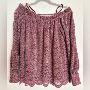 Anthropologie Off-Shoulder Lacey Top Sz Small Long Sleeve Scallop Hem Romantic